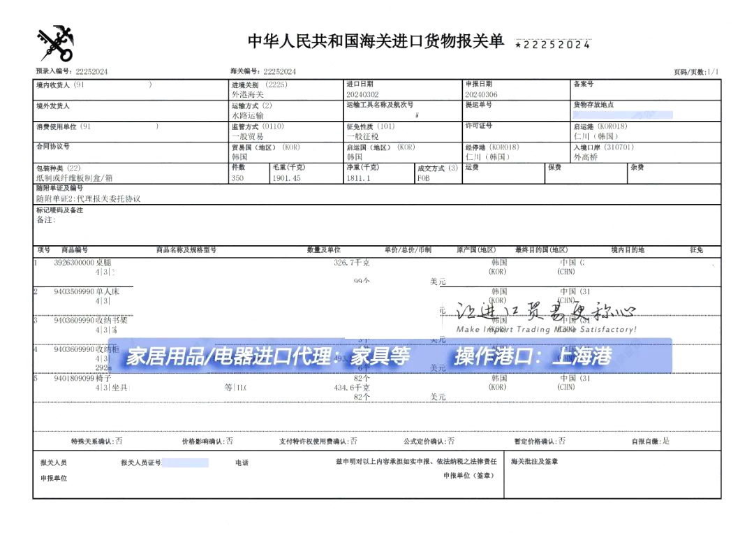 上海港家具進(jìn)口清關(guān)案例
